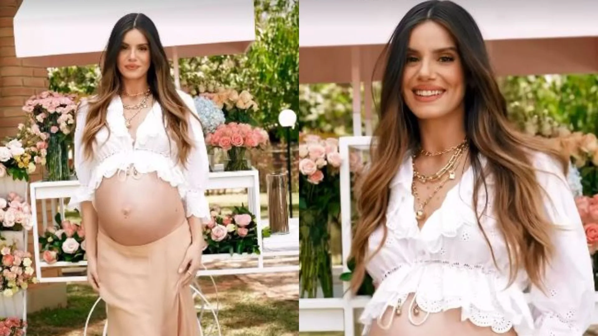 Camila Queiroz exibe barriga de oito meses e recebe carinho de Klebber Toledo