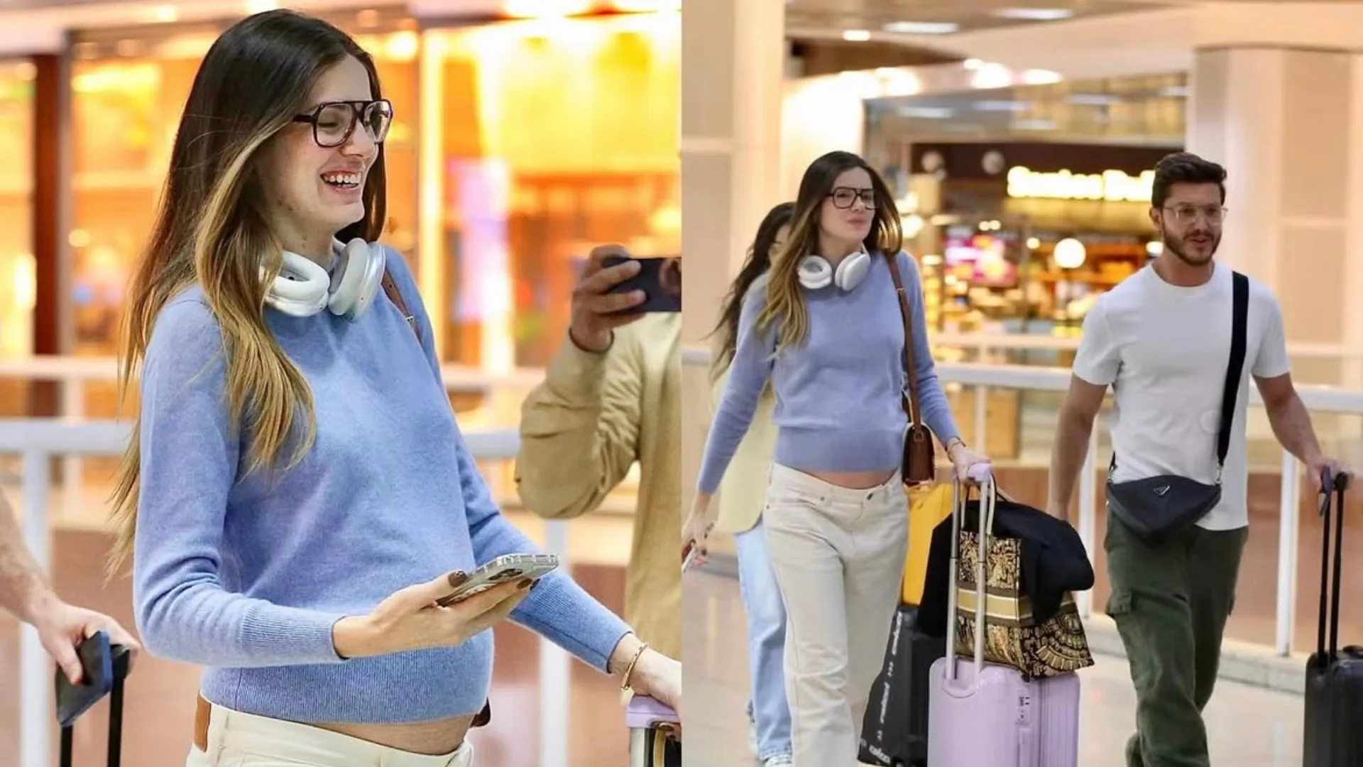 Camila Queiroz e Klebber Toledo são flagrados sorridentes em aeroporto no Rio