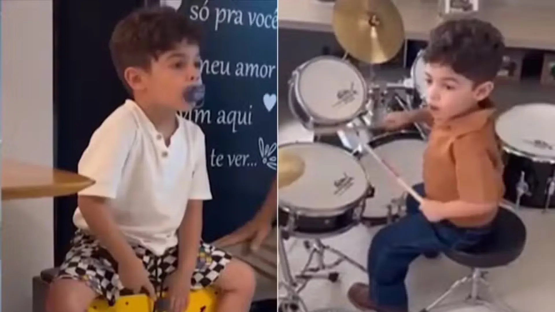 Léo, filho de Marília Mendonça e Murilo Huff, tocando uma música da mãe na bateria