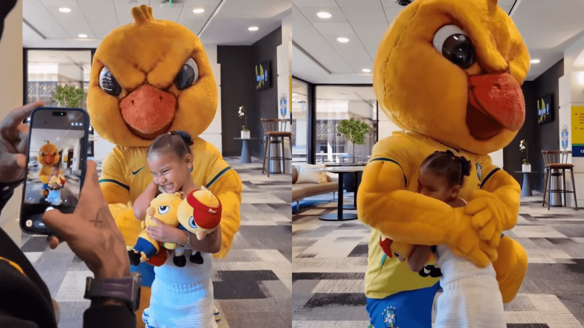 Mavie faz as pazes com Canarinho Pistola após viralizar foto em que aparece “brava” com o mascote