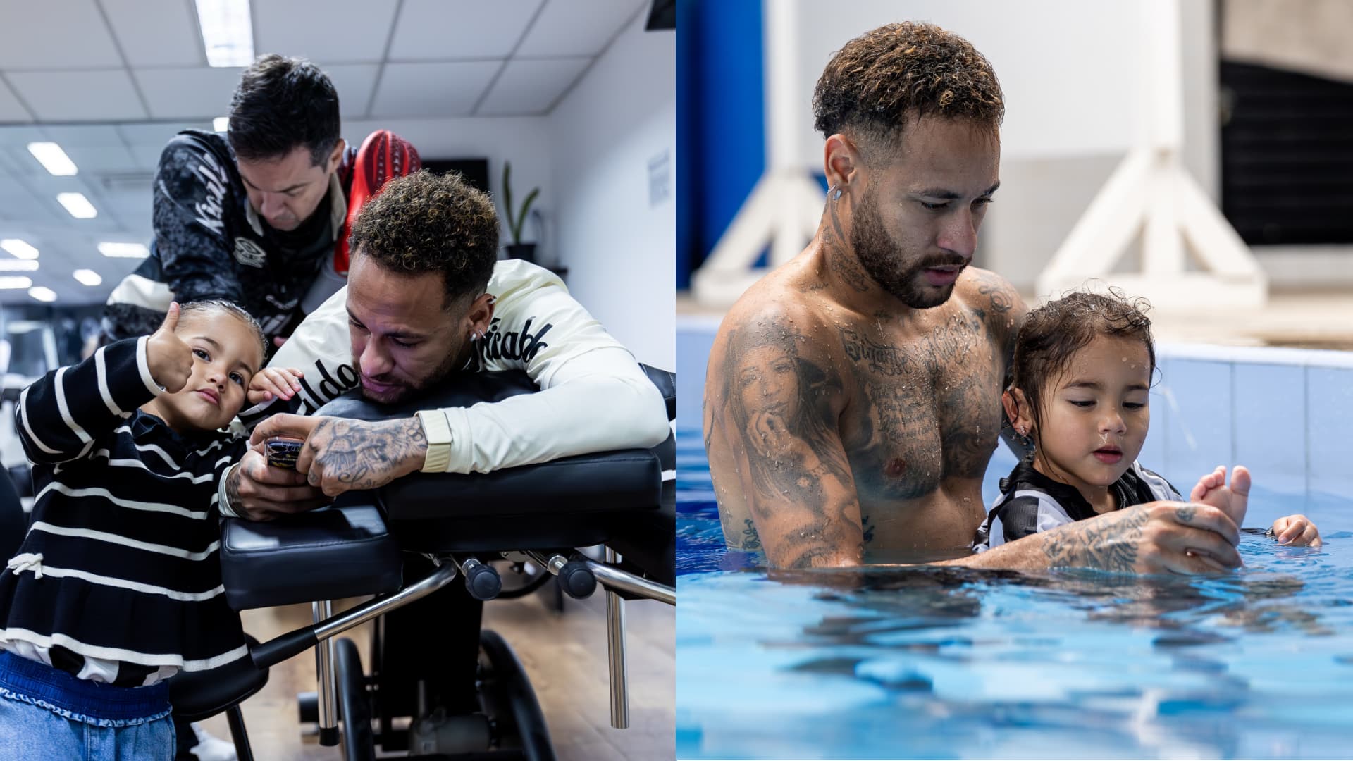 Neymar se diverte com Mavie durante visita da filha ao centro de treinamento do Santos