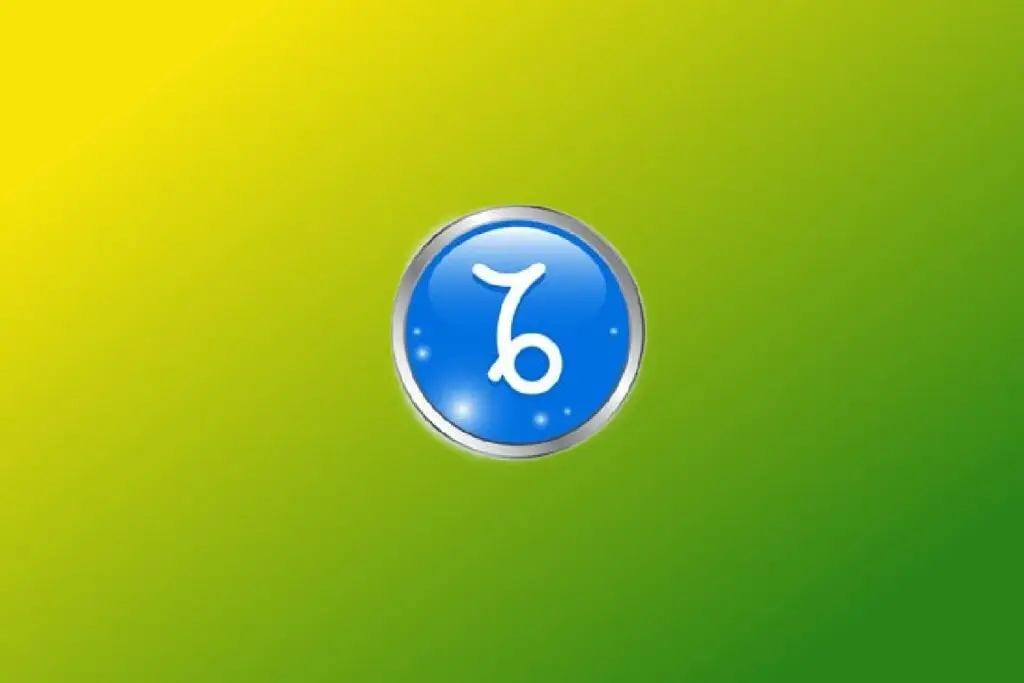 Ilustração do signo de Capricórnio com símbolo branco curvo dentro de um círculo azul com contorno prateado sobre fundo verde e amarelo