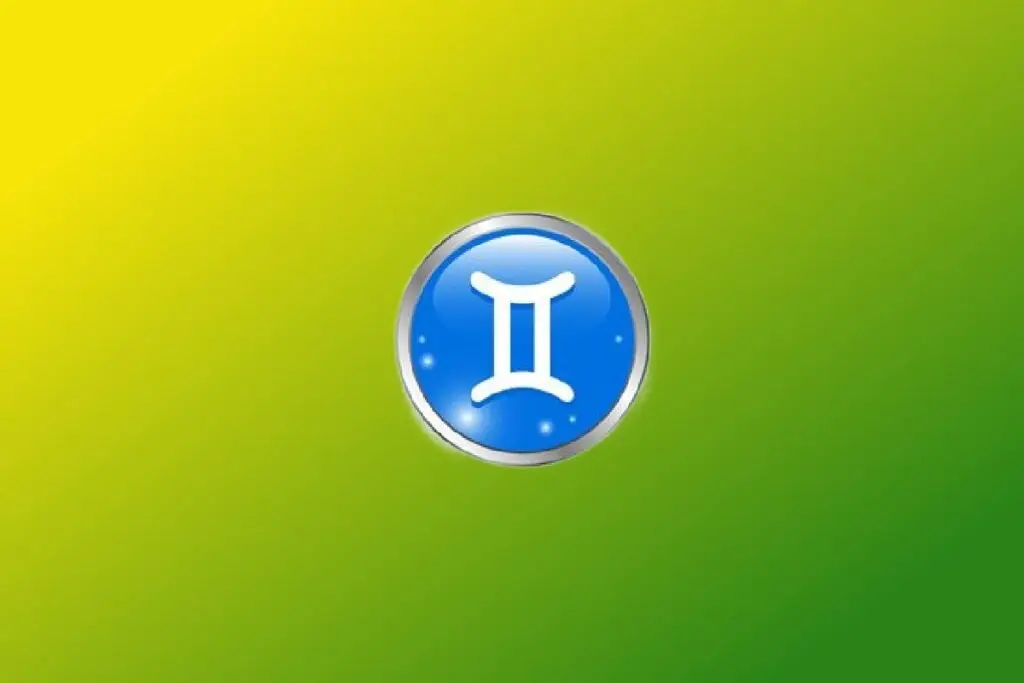 Ilustração do signo de Gêmeos com símbolo branco com duas hastes verticais e horizontais curvas nas extremidades em círculo azul com borda prateada sobre fundo verde e amarelo.