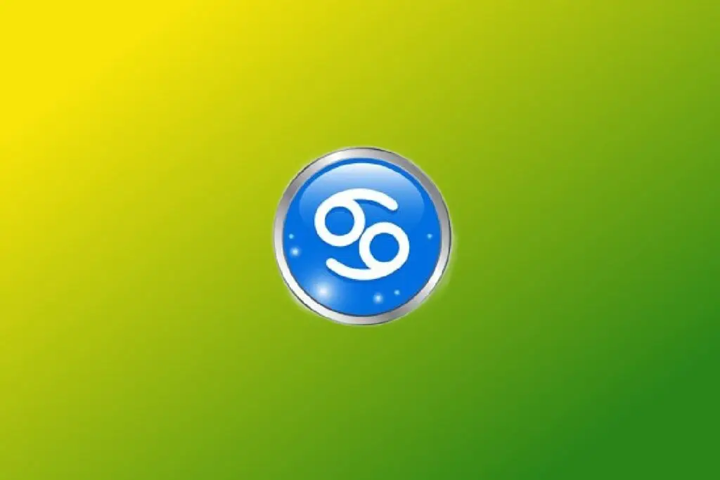 Ilustração do signo de Câncer com duas vírgulas brancas espelhadas em círculo azul com borda prateada sobre fundo verde e amarelo