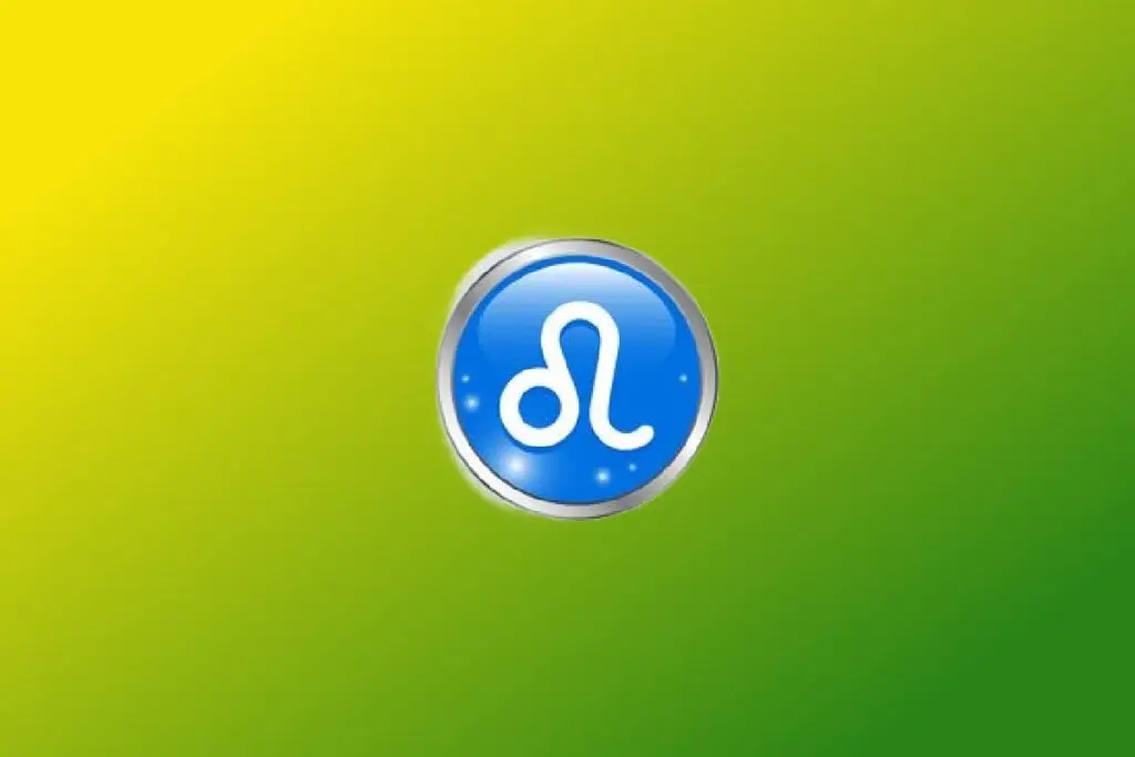 Ilustração do signo de Leão com símbolo branco semelhante a uma cauda em círculo azul com contorno metálico sobre fundo verde e amarelo