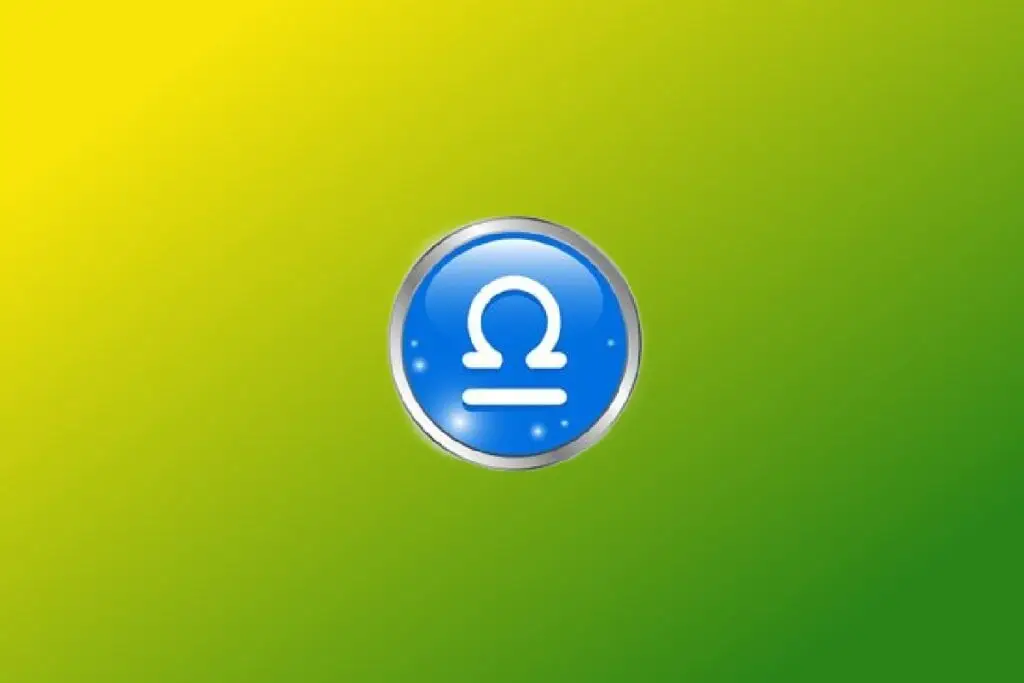 Ilustração do signo de Libra com balança branca centralizada em círculo azul com borda prateada sobre fundo verde e amarelo