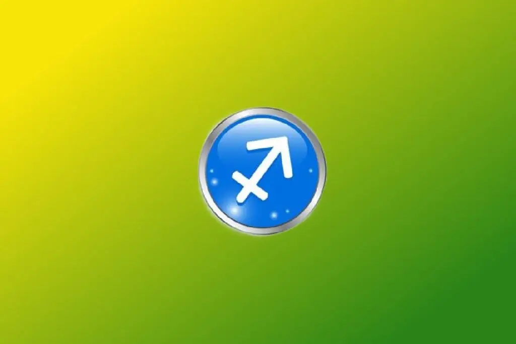 Ilustração do signo de Sagitário com seta branca apontando para cima em círculo azul com borda prateada sobre fundo verde e amarelo