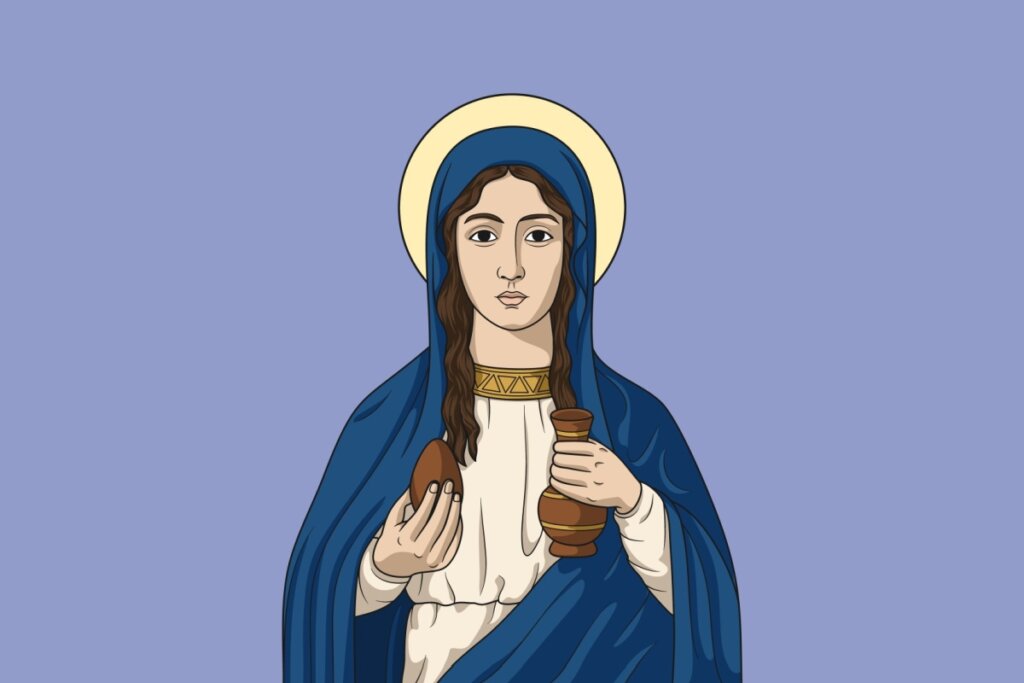 Ilustração representando Maria Madalena, usando um manto azul-escuro, em um fundo roxo