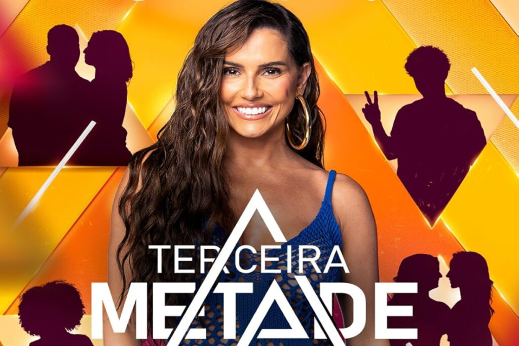 mulher de cabelo grande sorrindo no centro da foto. fundo laranja com diversos casais