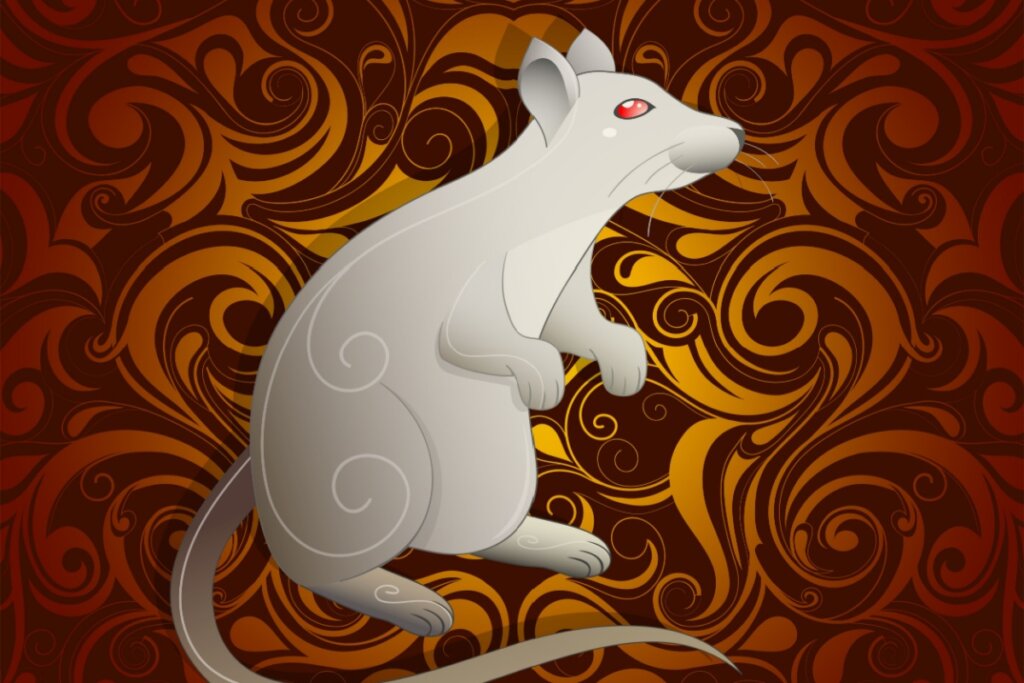 Imagem de um rato em um fundo com listras marrons e laranjas