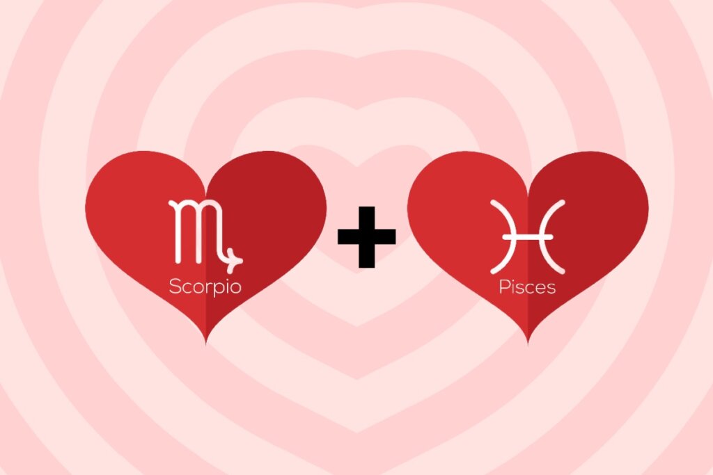 Ilustração de dois corações vermelhos com o símbolo do signo de Escorpião (representado por um “M” com uma cauda em forma de seta) e o símbolo de Peixes (formado por duas linhas curvas opostas unidas por uma barra horizontal)