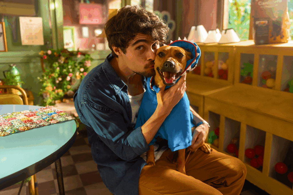 Imagem de um homem com cabelo castanho curto, barba, usando uma camiseta branca e um casaco azul, com um cachorro caramelo no colo, usando roupinha azul