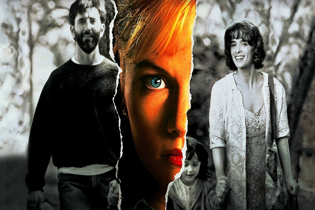 imagem de foto em preto e branca cortada ao meio com casal de mãos dadas com criança. rosto de mulher loira ao meio