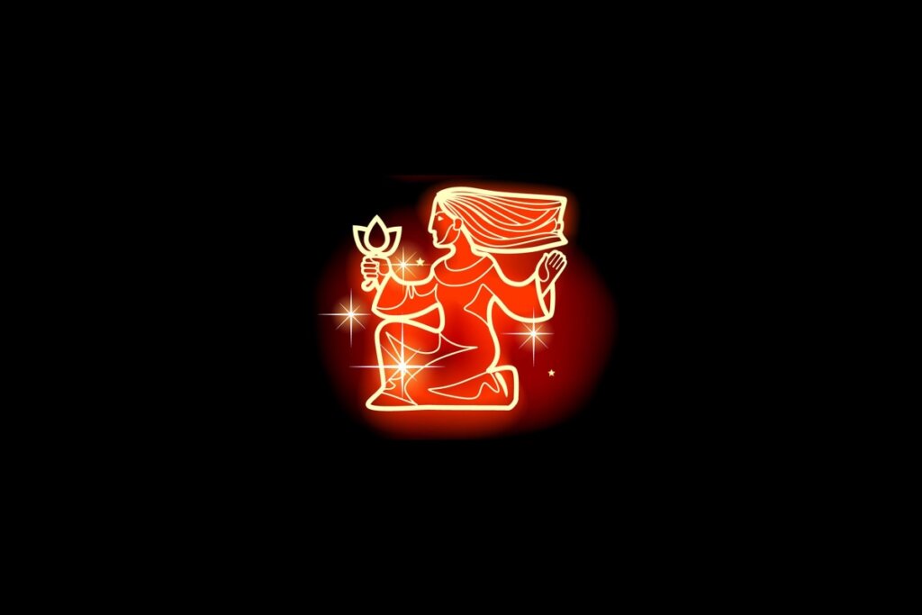Ilustração em vermelho neon do signo de Virgem em um fundo preto 