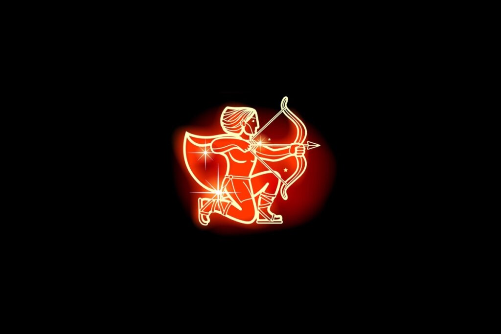 Ilustração em vermelho neon do signo de Sagitário em um fundo preto 