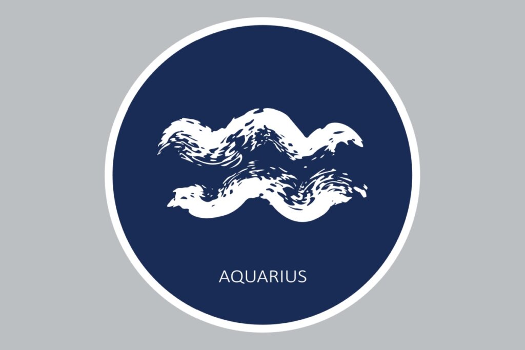 círculo azul-escuro com símbolo do signo de aquário e nome dele em inglês na cor branca