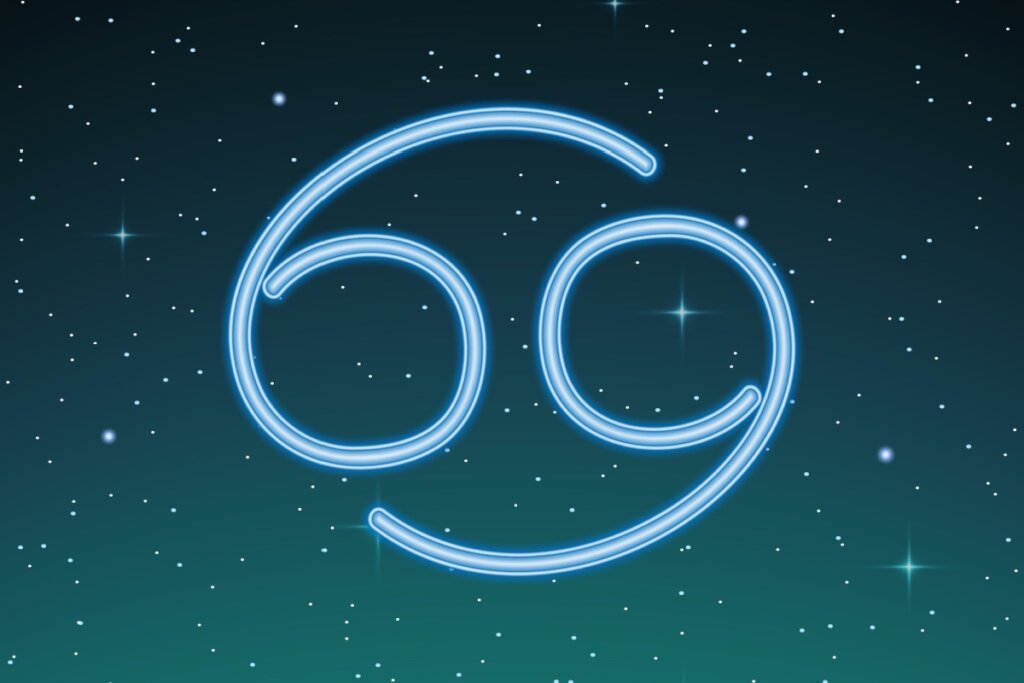 ilustração azul do símbolo de câncer sobre fundo esverdeado com estrelas