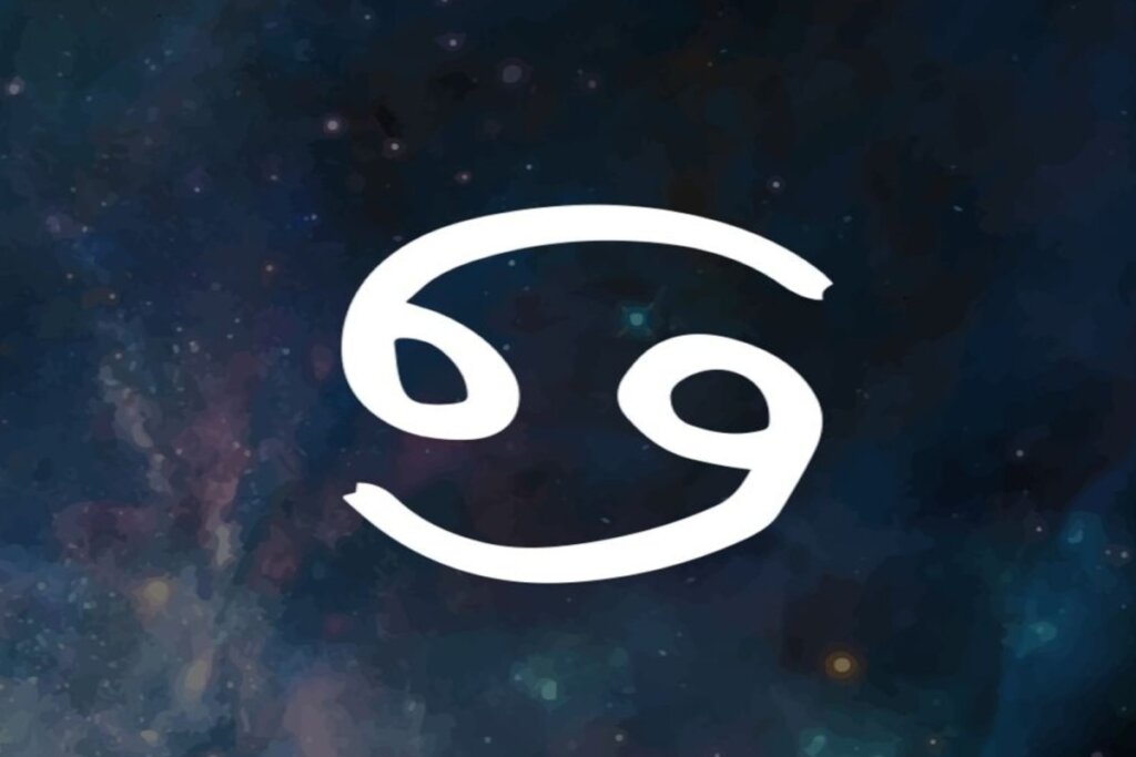 Ilustração branca do símbolo do signo de câncer sobre fundo de galáxia com estrelas