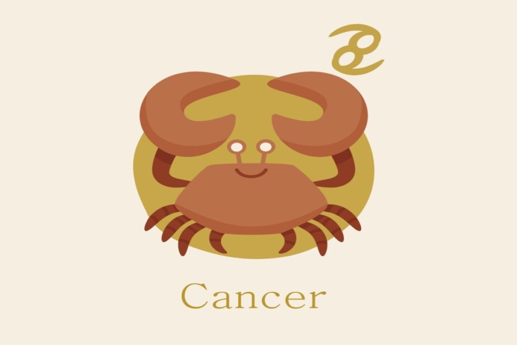 ilustração de um caranguejo laranja sobre círculo amarelo representando o signo de câncer. símbolo e nome do signo em volta