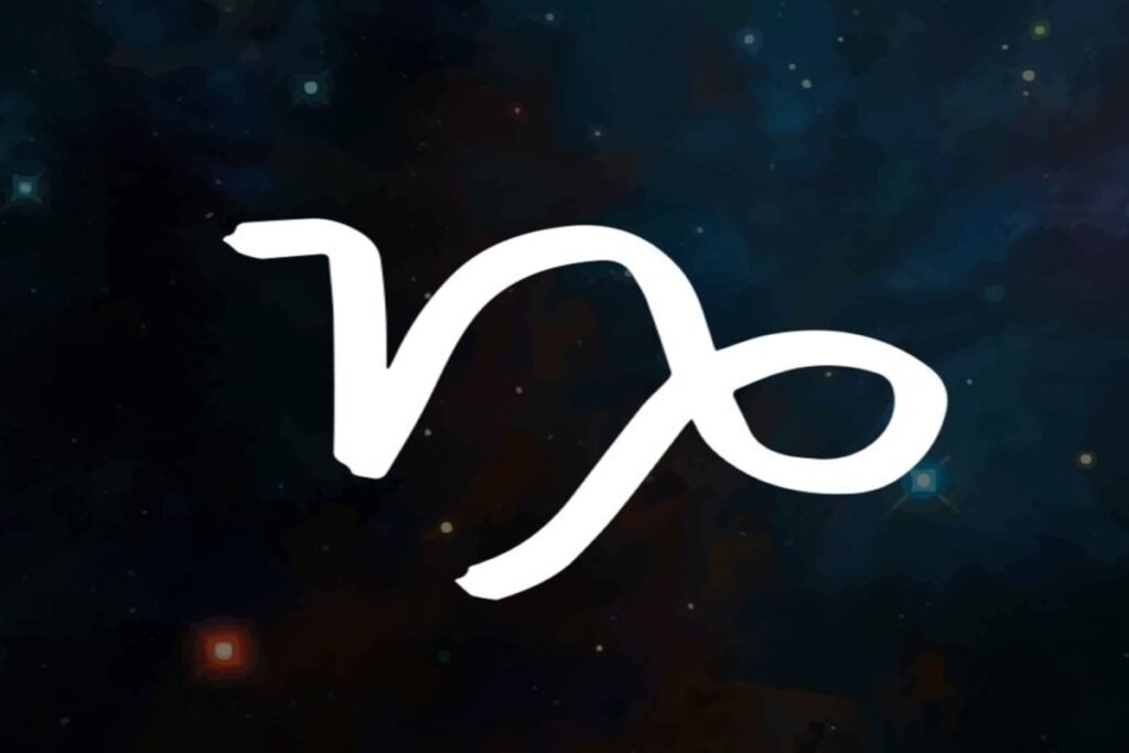 Ilustração branca do símbolo do signo de capricórnio sobre fundo de galáxia com estrelas