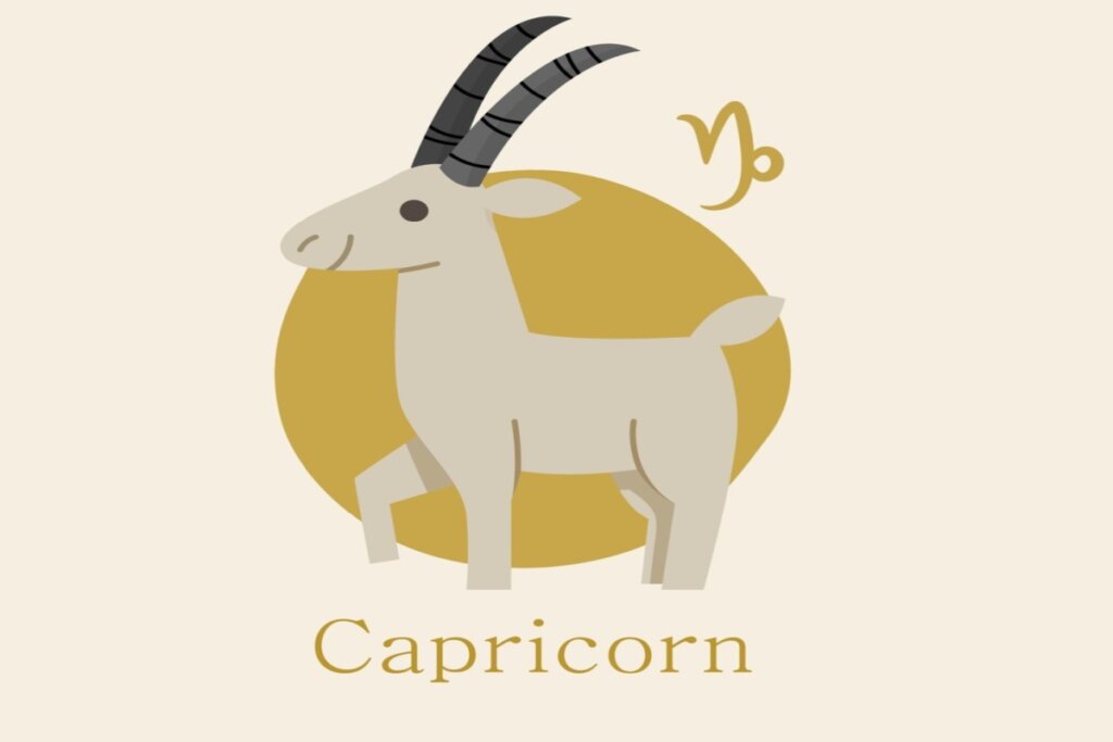 ilustração de um bode branco sobre círculo amarelo representando o signo de capricórnio. símbolo e nome do signo em volta