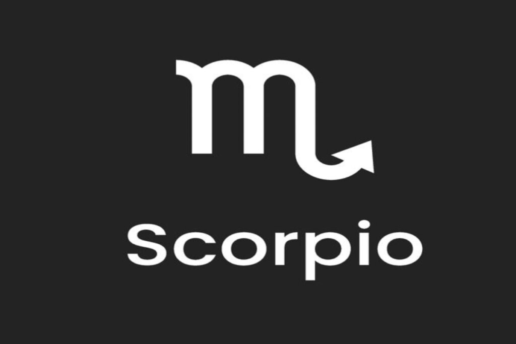 Símbolo e nome do signo de escorpião em fundo preto