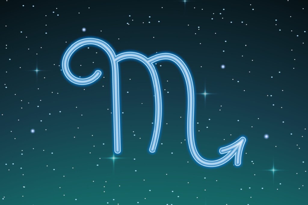 ilustração azul do símbolo de escorpião sobre fundo esverdeado com estrelas