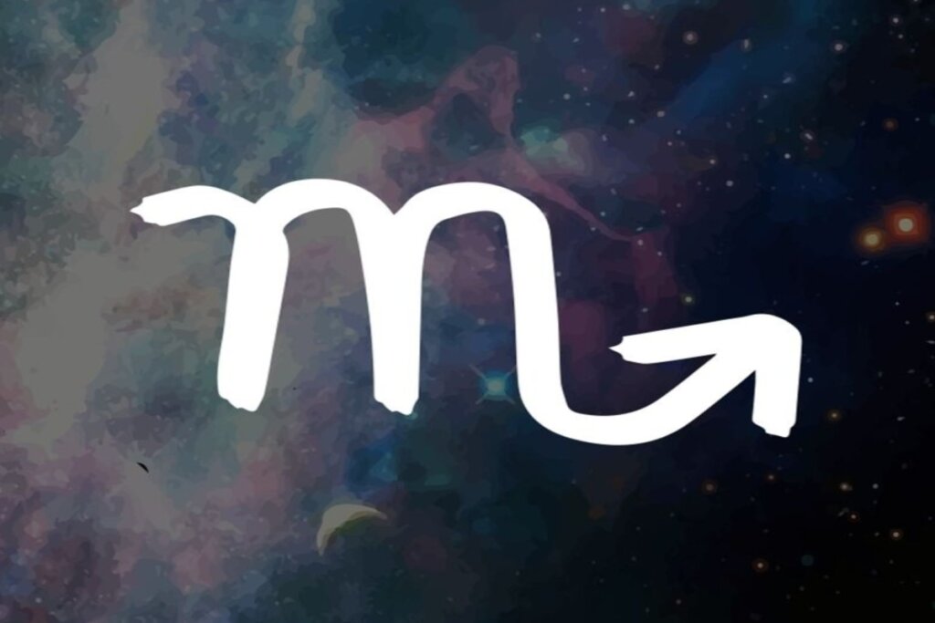 Ilustração branca do símbolo do signo de escorpião sobre fundo de galáxia com estrelas