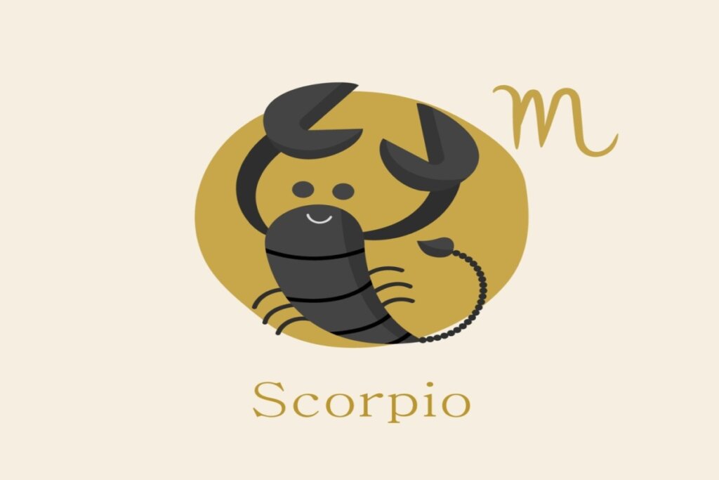 ilustração de um escorpião preto sobre círculo amarelo representando o signo de escorpião. símbolo e nome do signo em volta