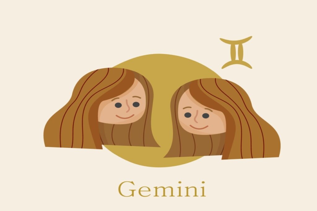 ilustração da cabeça de duas mulheres branca sobre círculo amarelo representando o signo de gêmeos. símbolo e nome do signo em volta