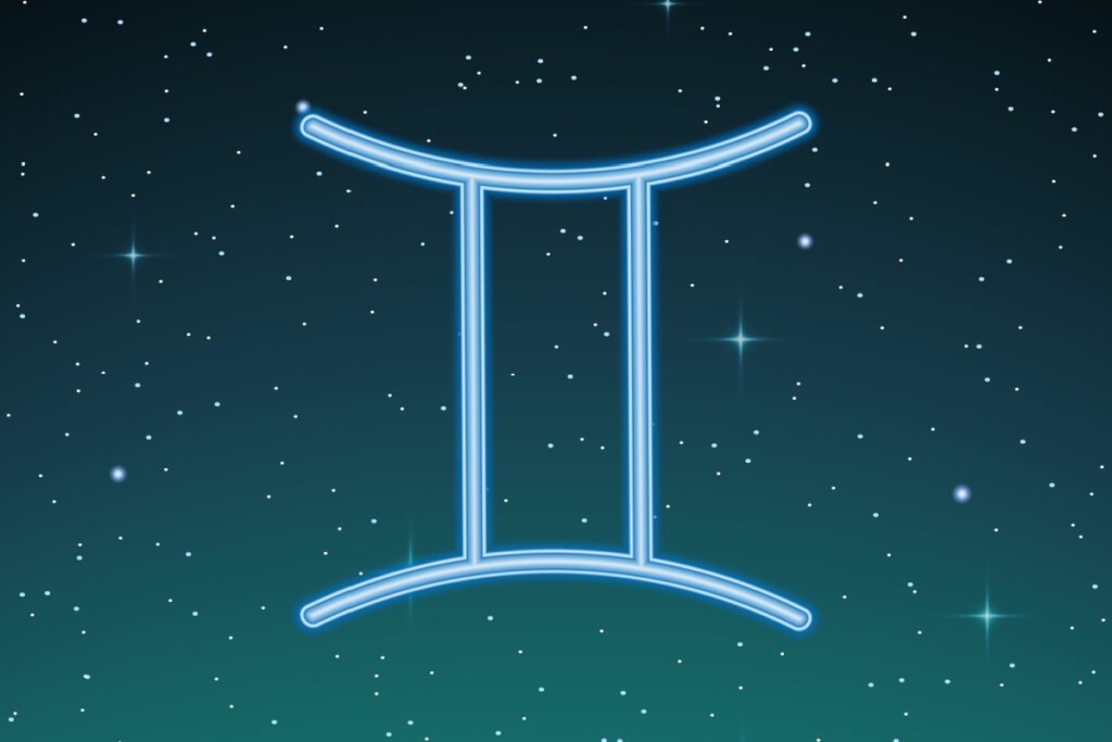 ilustração azul do símbolo de gêmeos sobre fundo esverdeado com estrelas