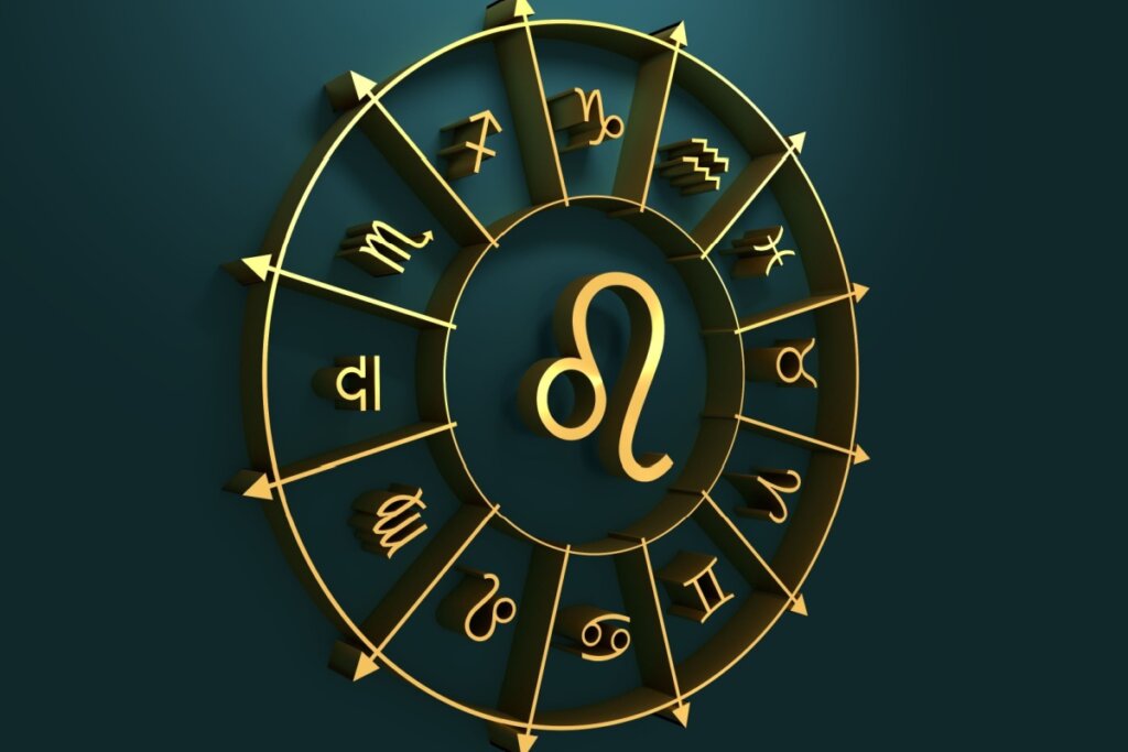 círculo em amarelo com símbolo dos 12 signos em volta, separados por flechas, com símbolo do signo de leão no centro, sobre fundo verde-escuro