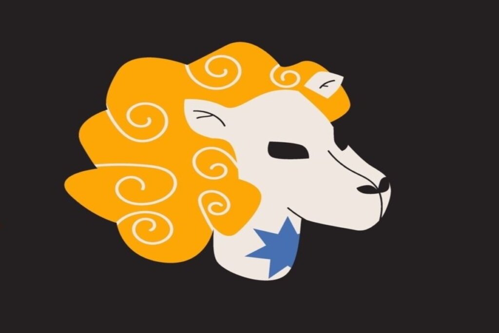 ilustração de um leão em tons de branco e amarelo representando o signo de leão sobre fundo preto