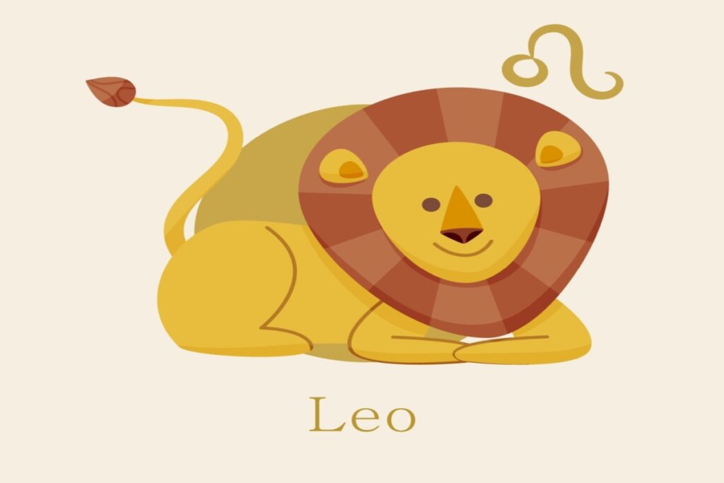 ilustração de um leão amarelo sobre círculo amarelo representando o signo de leão. símbolo e nome do signo em volta