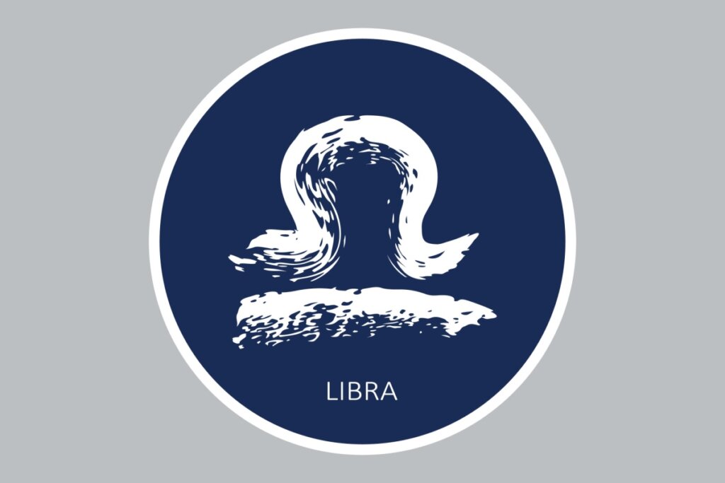 círculo azul-escuro com símbolo do signo de libra e nome dele em inglês na cor branca