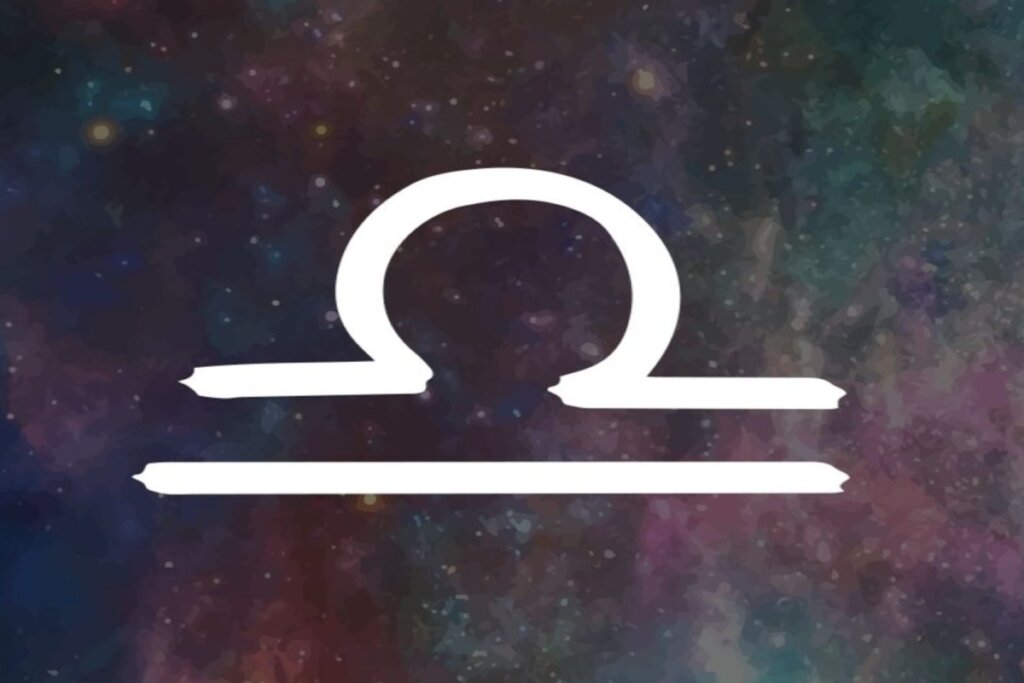 Ilustração branca do símbolo do signo de libra sobre fundo de galáxia com estrelas