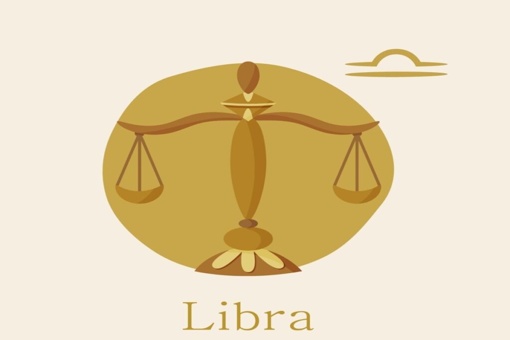 ilustração de balança amarela sobre circulo amarelo representando o signo de libra. símbolo e nome do signo em volta