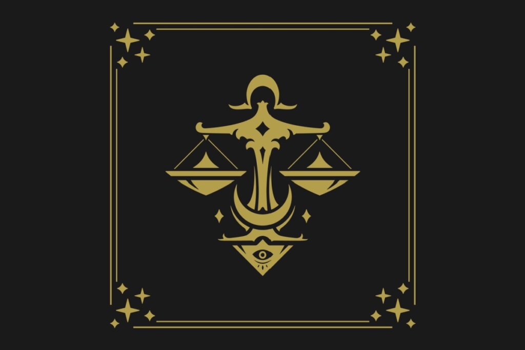 Ilustração com fundo preto e detalhes dourados do signo de Libra