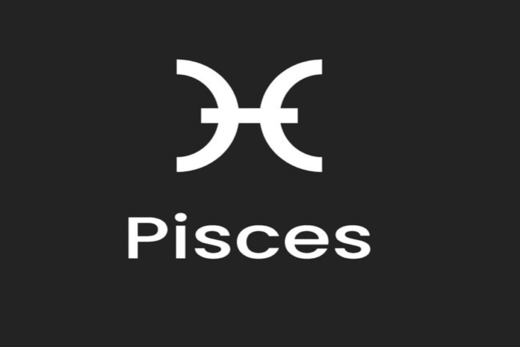 Símbolo e nome do signo de peixes em fundo preto