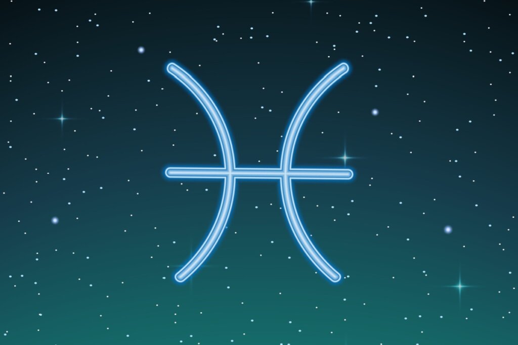 ilustração azul do símbolo de peixes sobre fundo esverdeado com estrelas