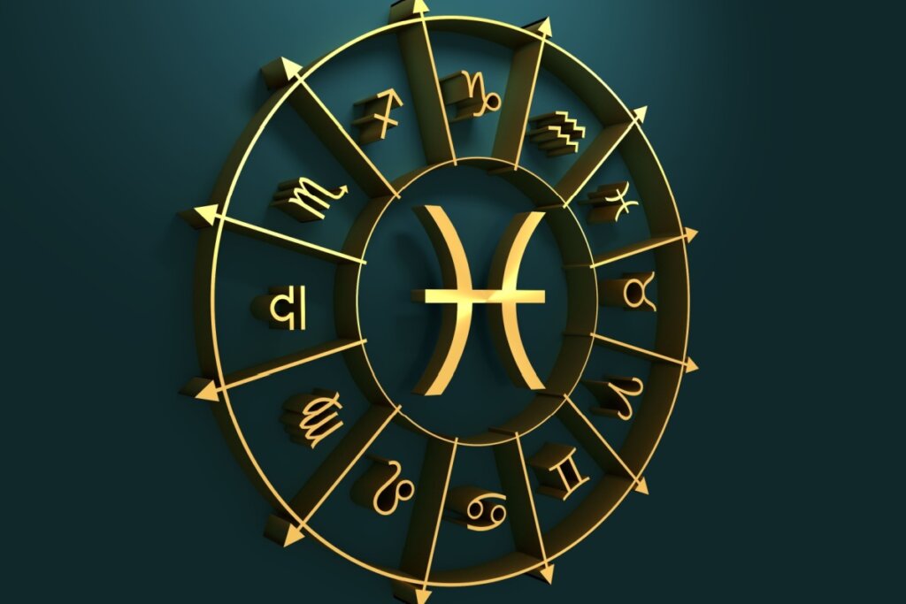 círculo em amarelo com símbolo dos 12 signos em volta, separados por flechas, com símbolo do signo de peixes no centro, sobre fundo verde-escuro
