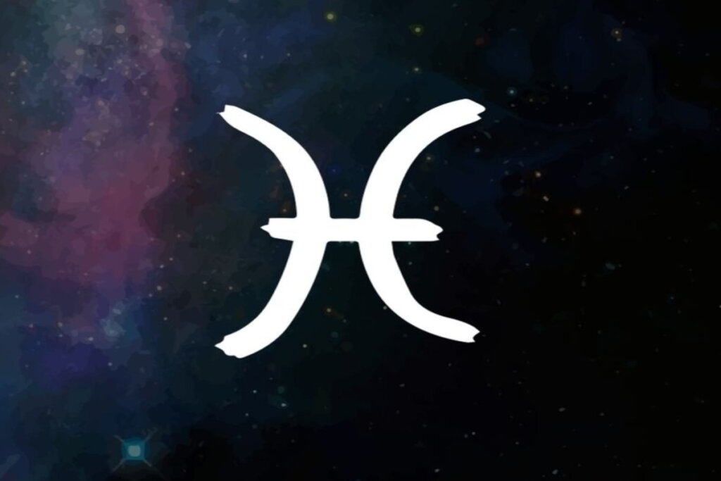 Ilustração branca do símbolo do signo de peixes sobre fundo de galáxia com estrelas