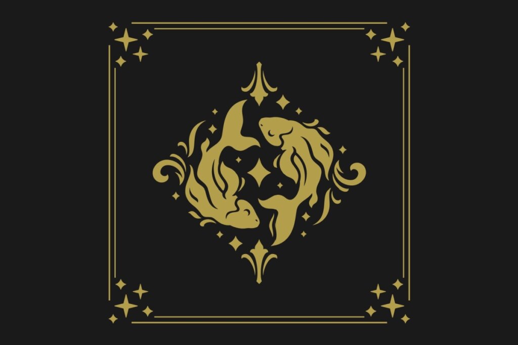 Ilustração com fundo preto e detalhes dourados do signo de peixes