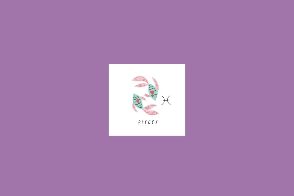 Ilustração de dois peixes dentro de um quadrado branco sobre um fundo roxo