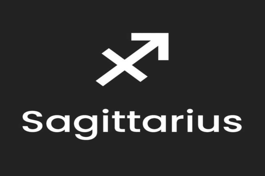 Símbolo e nome do signo de sagitário em fundo preto
