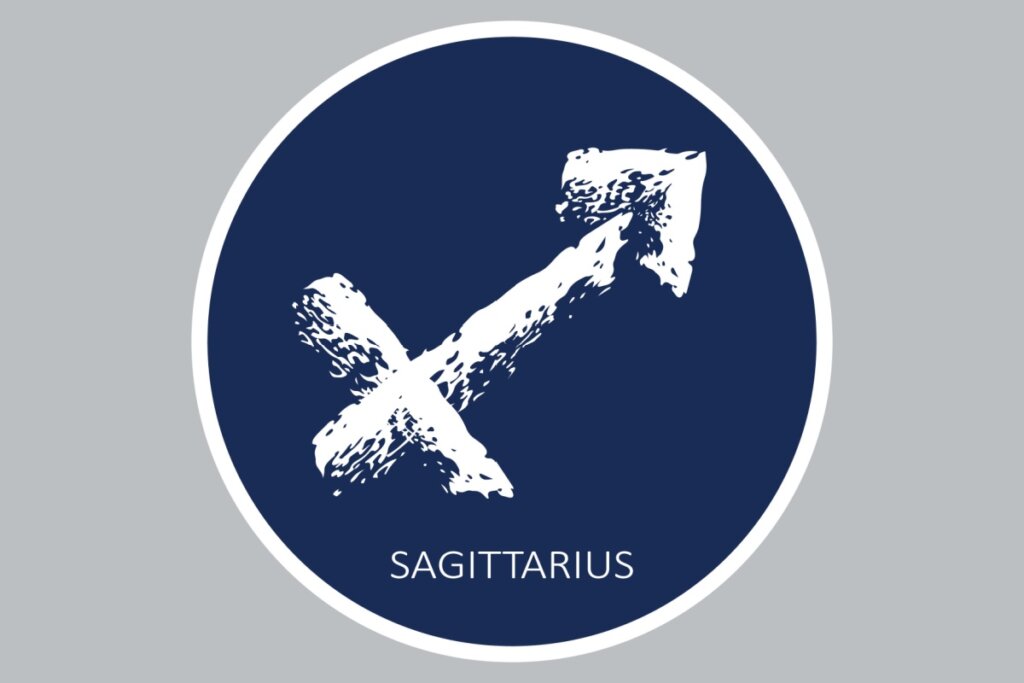 círculo azul-escuro com símbolo do signo de sagitário e nome dele em inglês na cor branca