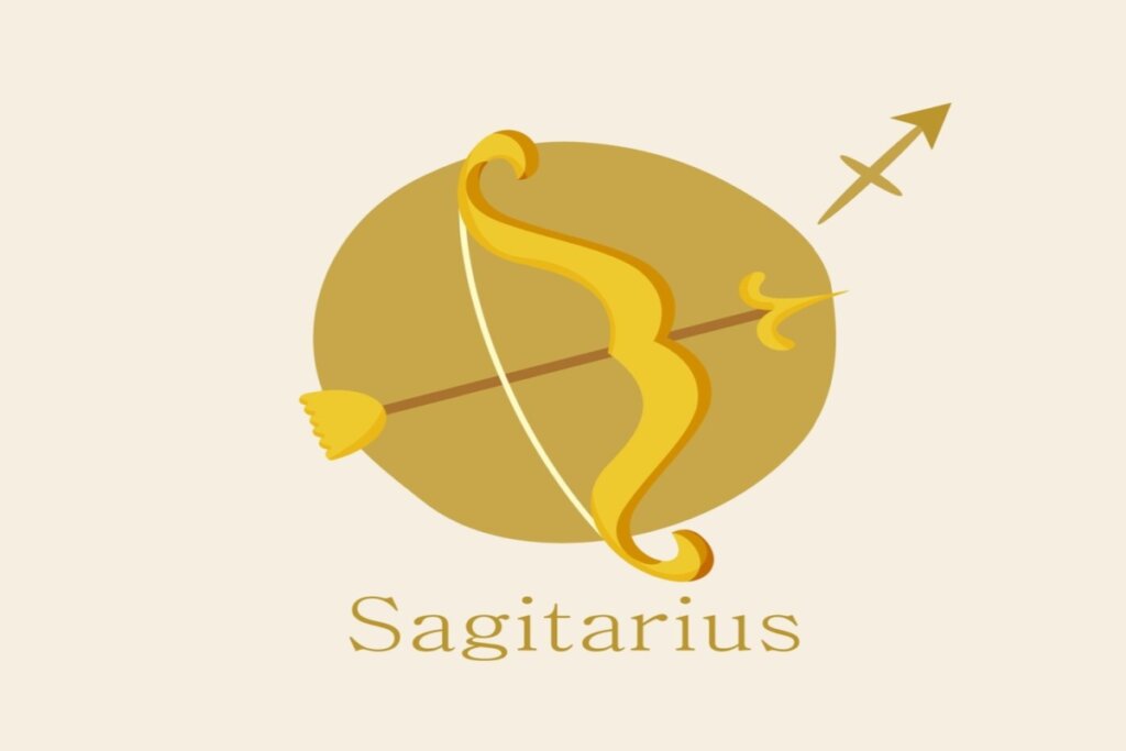 ilustração de um arco e flecha amarelo sobre círculo amarelo representando o signo de sagitario. símbolo e nome do signo em volta