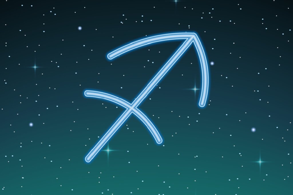 ilustração azul do símbolo de sagitário sobre fundo esverdeado com estrelas