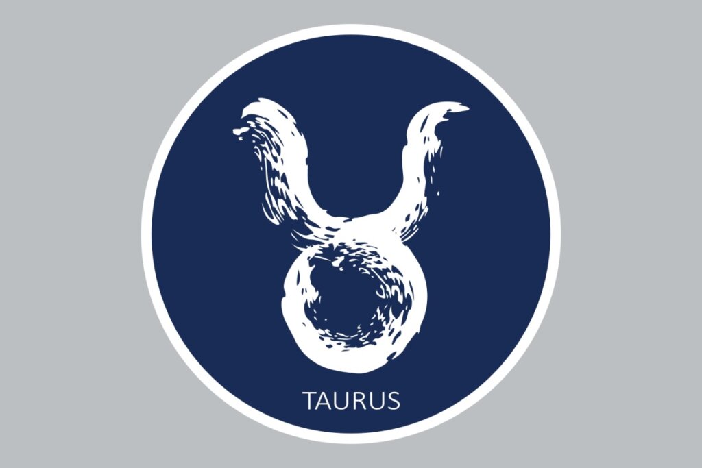 círculo azul-escuro com símbolo do signo de touro e nome dele em inglês na cor branca