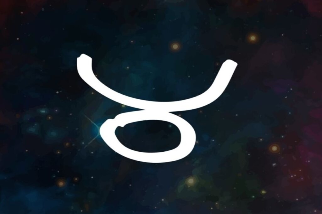 Ilustração branca do símbolo do signo de touro sobre fundo de galáxia com estrelas